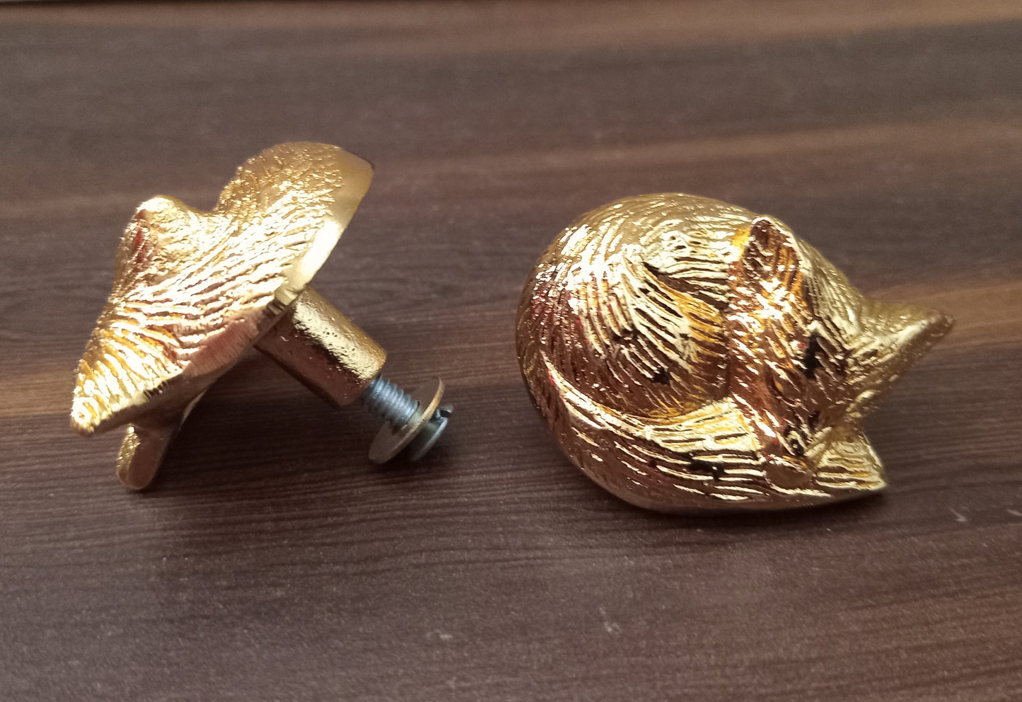 Brass Sleeping Fox Knob, Animal Cabinet Knob (set of 4)