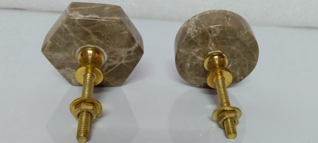 Brown Stone Cabinet Knobs – Round & Hexagon Drawer Pulls (Set of 4)