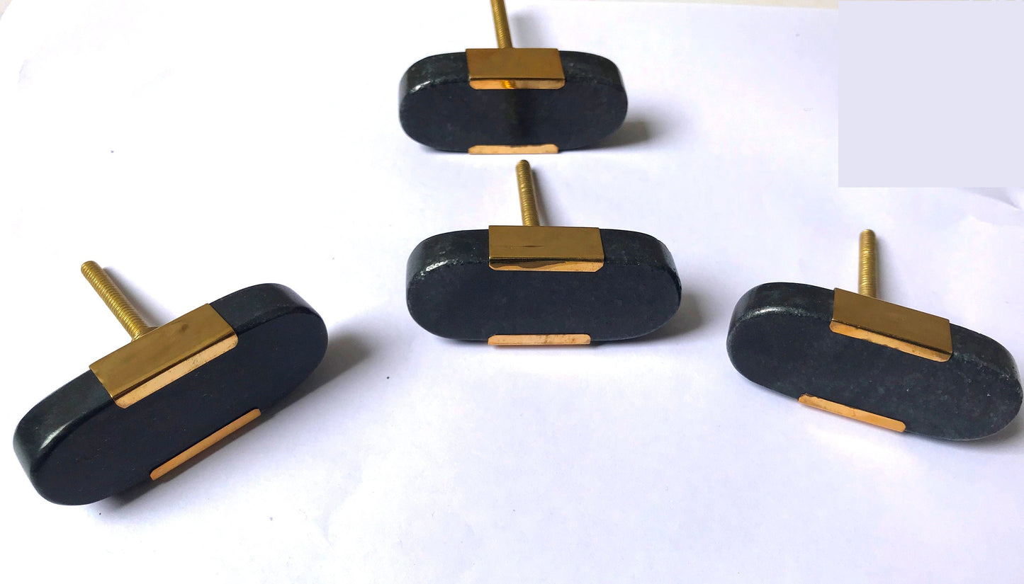 Black Stone & Brass Cabinet Knobs – Oval Drawer Pulls (Set of 4)