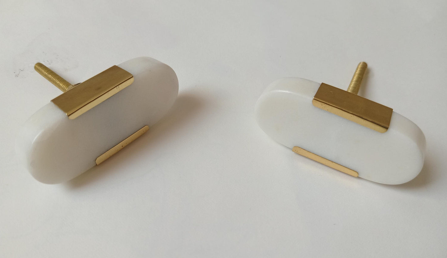 White Stone Brass Knob, Oval Cabinet Drawer Pull (Set of 4)