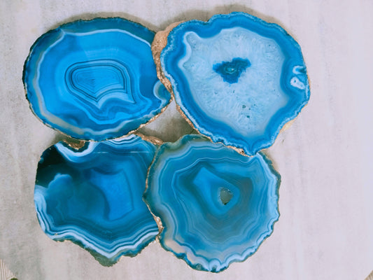 Light Blue Agate Coaster, Gold Electroplated Edge Slice