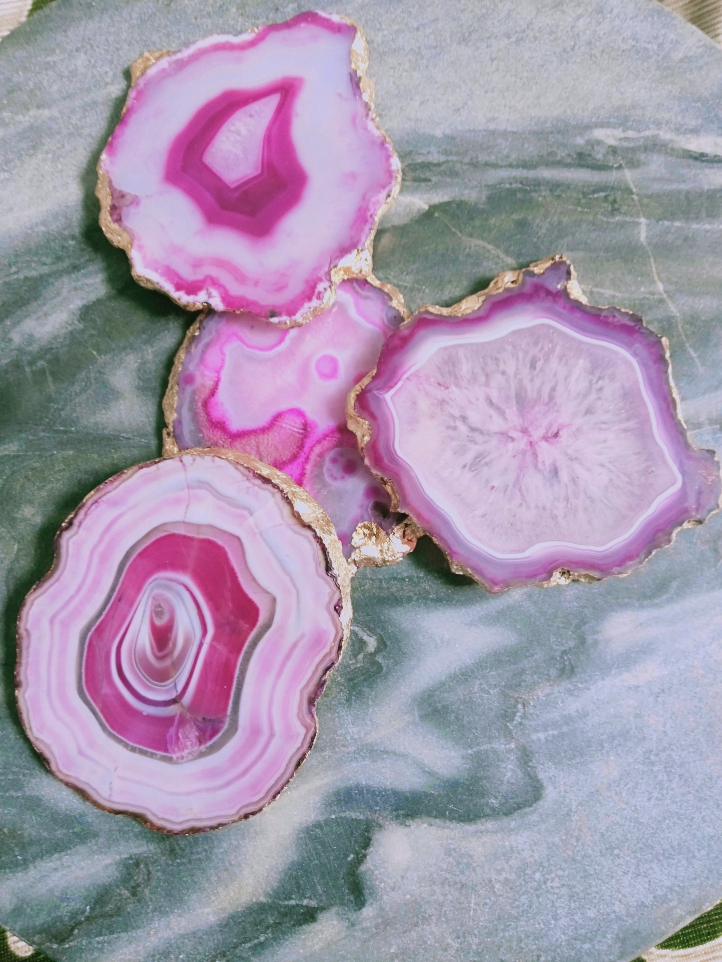Pink Agate Coasters with Gold or Silver Plated Edge, Set of 4