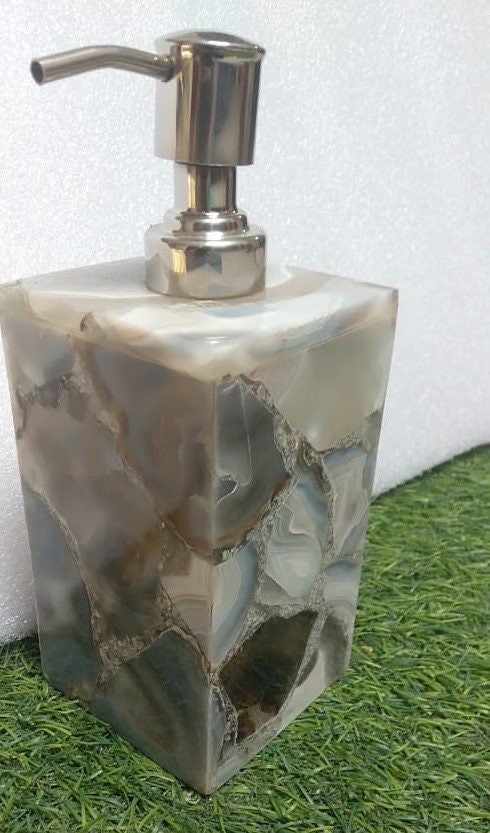 Grey Agate Soap Dispenser, Natural Stone Bathroom Decor