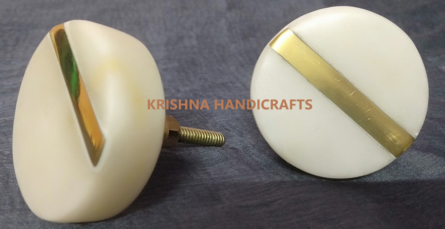 White Marble / Brass Cabinet Drawer Pull Decorative Wardrobe Cupboard Door Handle // stone knobs (Set of 4)