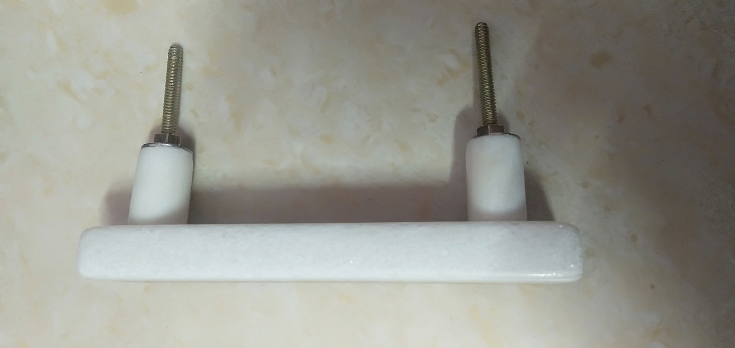 White Marble & Wood Cabinet Handle, Long Drawer Pull