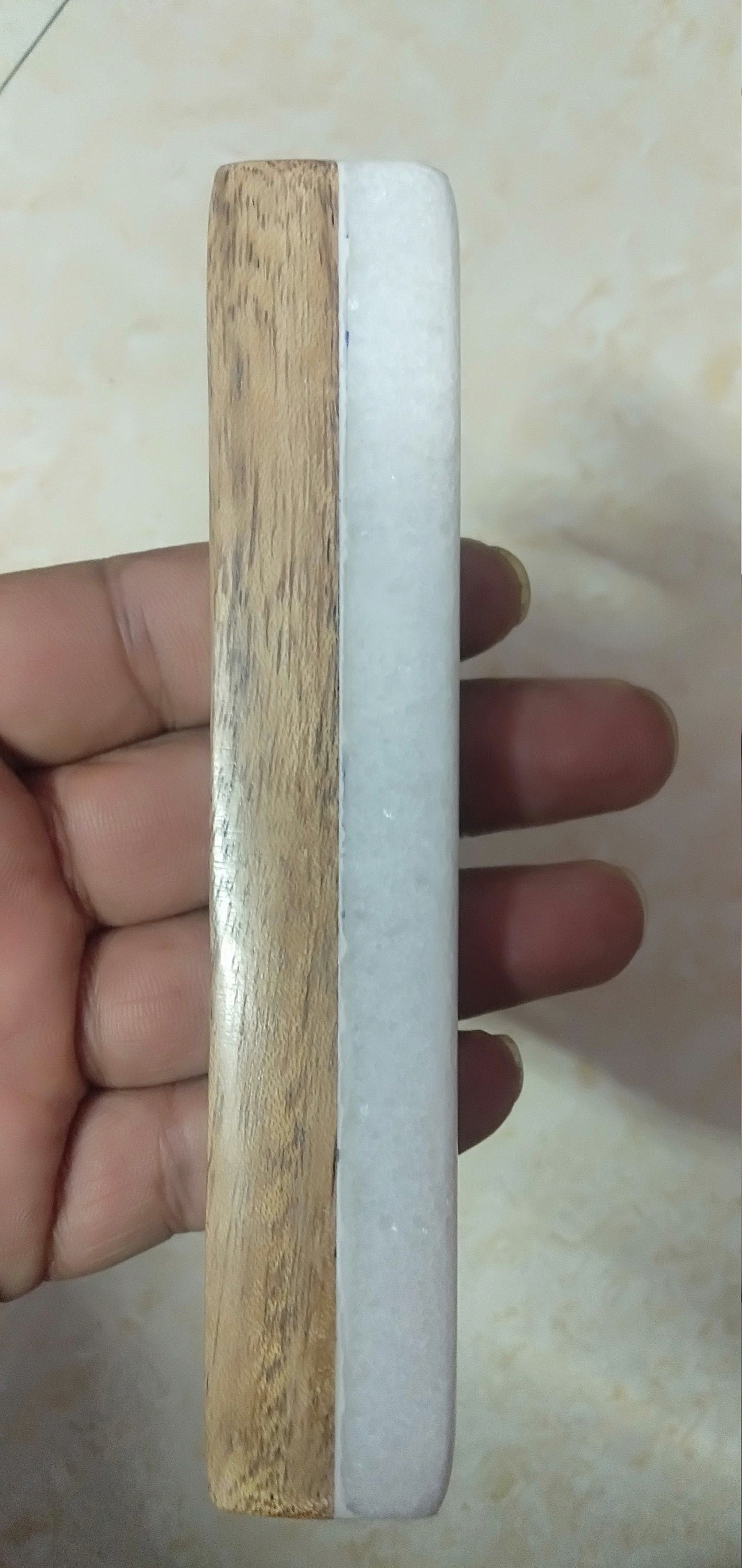 White Marble & Wood Cabinet Handle, Long Drawer Pull