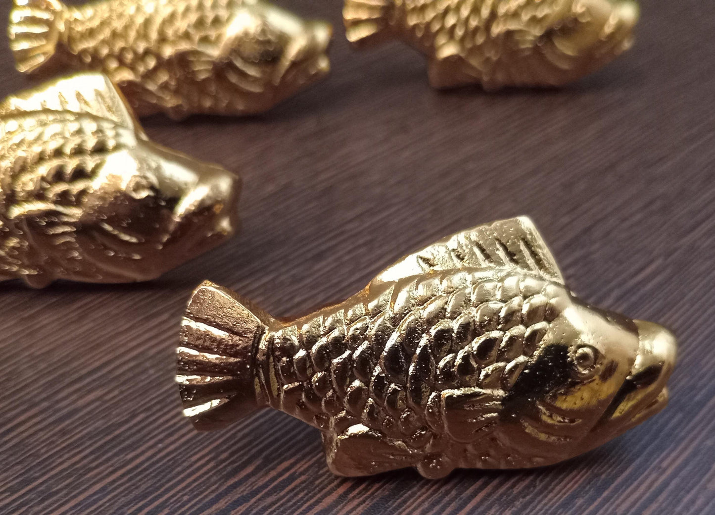 Brass Fish Cabinet Knob Nautical Ocean Style Drawer Pull Coastal Home Decor Gold Finish (Set of 4)