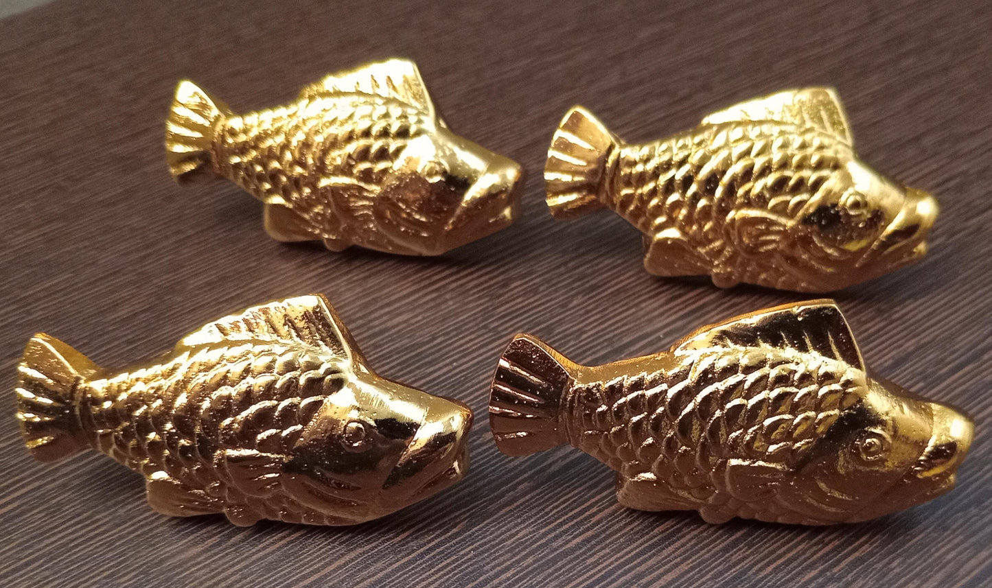 Brass Fish Cabinet Knob Nautical Ocean Style Drawer Pull Coastal Home Decor Gold Finish (Set of 4)