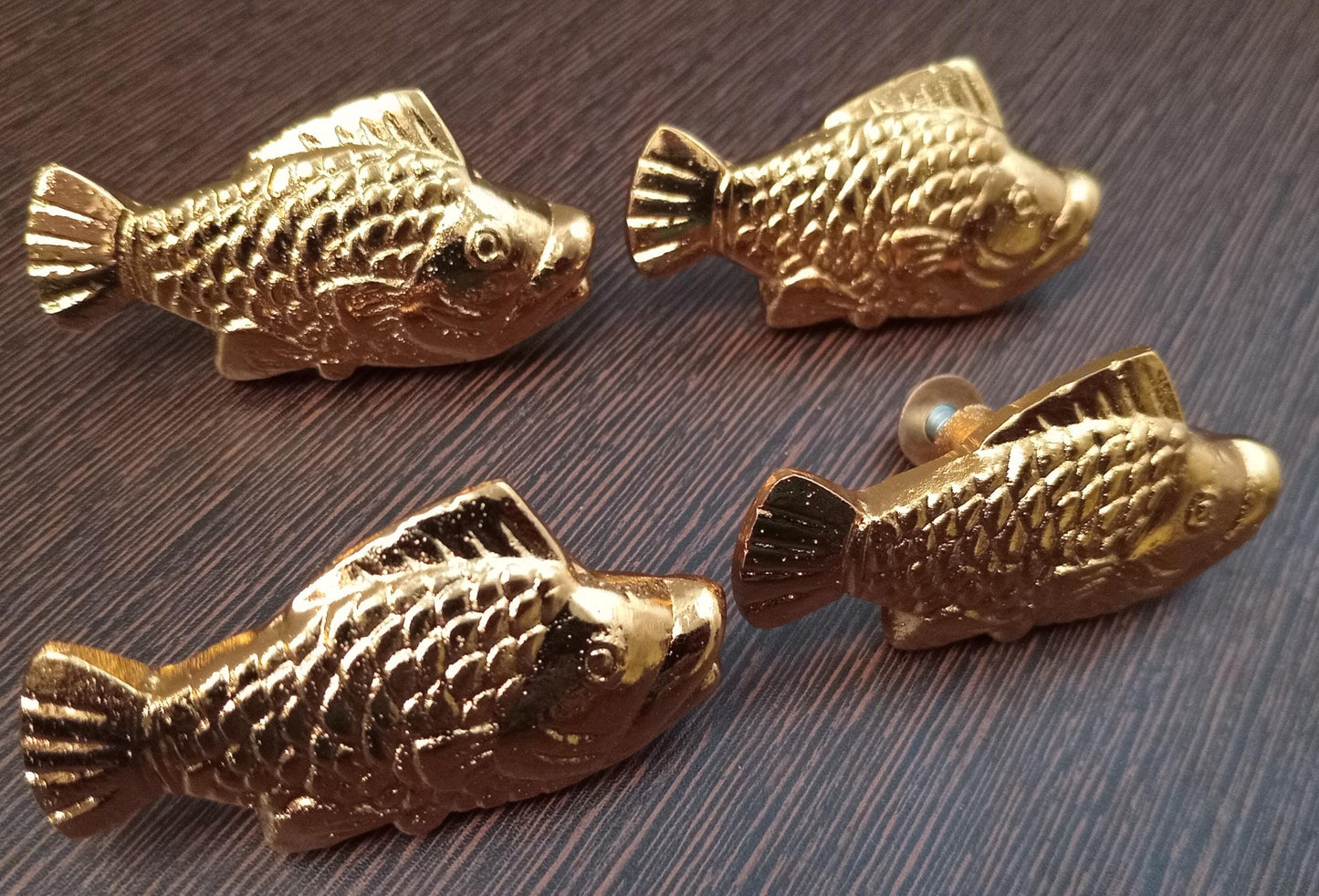 Brass Fish Cabinet Knob Nautical Ocean Style Drawer Pull Coastal Home Decor Gold Finish (Set of 4)